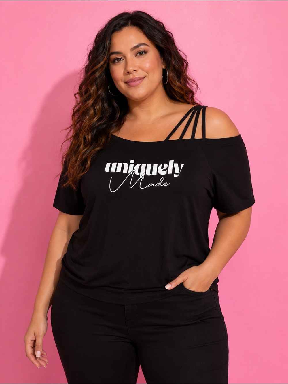 Torrid Uniquely Made Off Shoulder Strappy Graphic Tee Black 2X